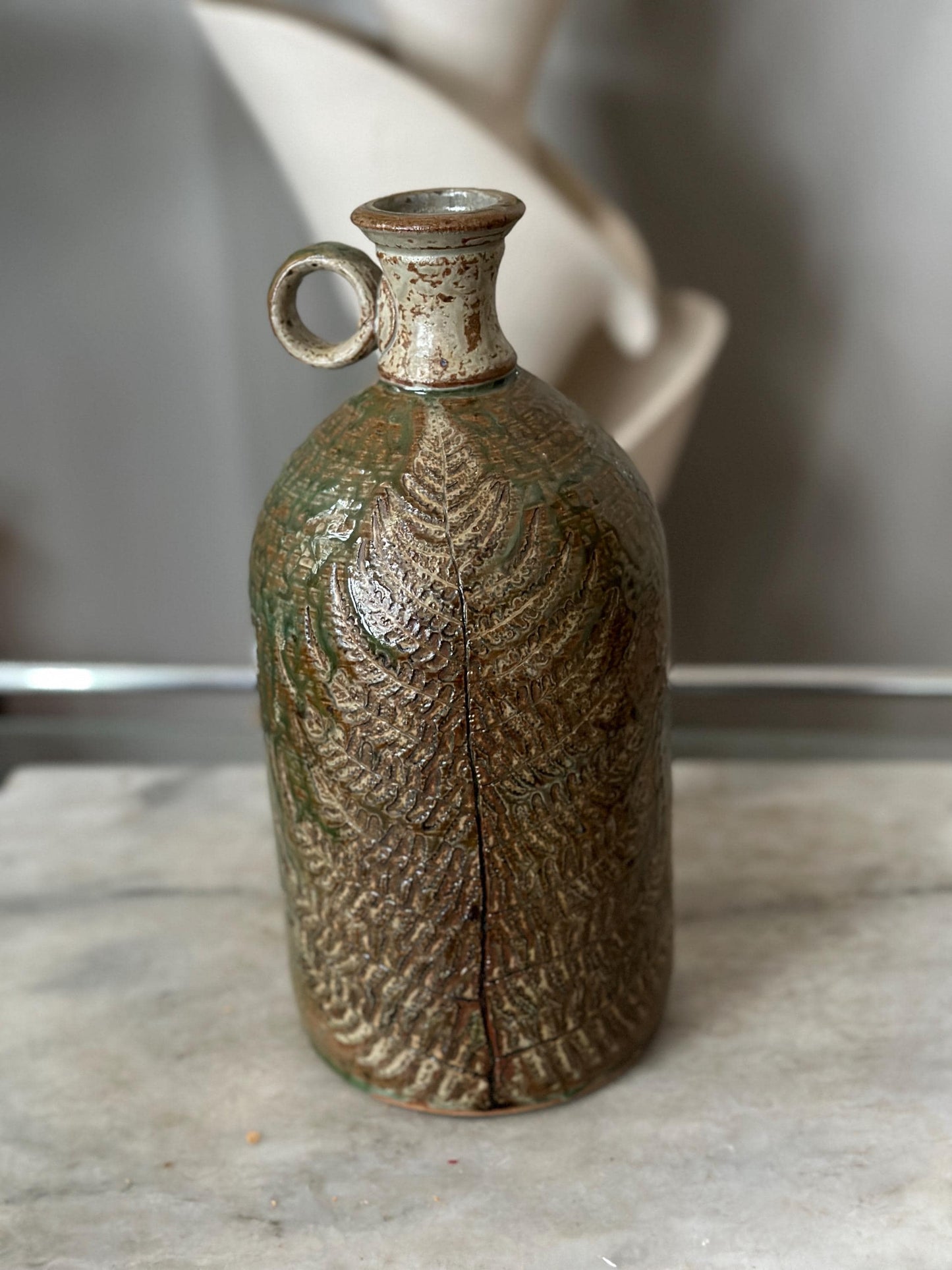 Hand-Thrown Studio Art Pottery Jug, Fern Motif, Signed & Dated