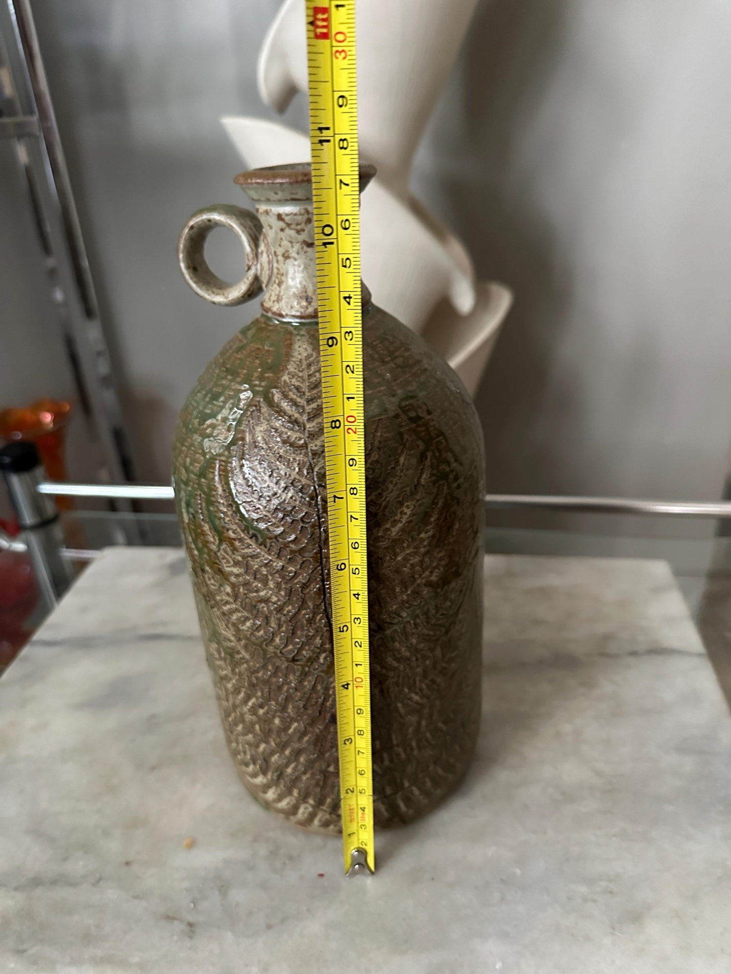 Hand-Thrown Studio Art Pottery Jug, Fern Motif, Signed & Dated