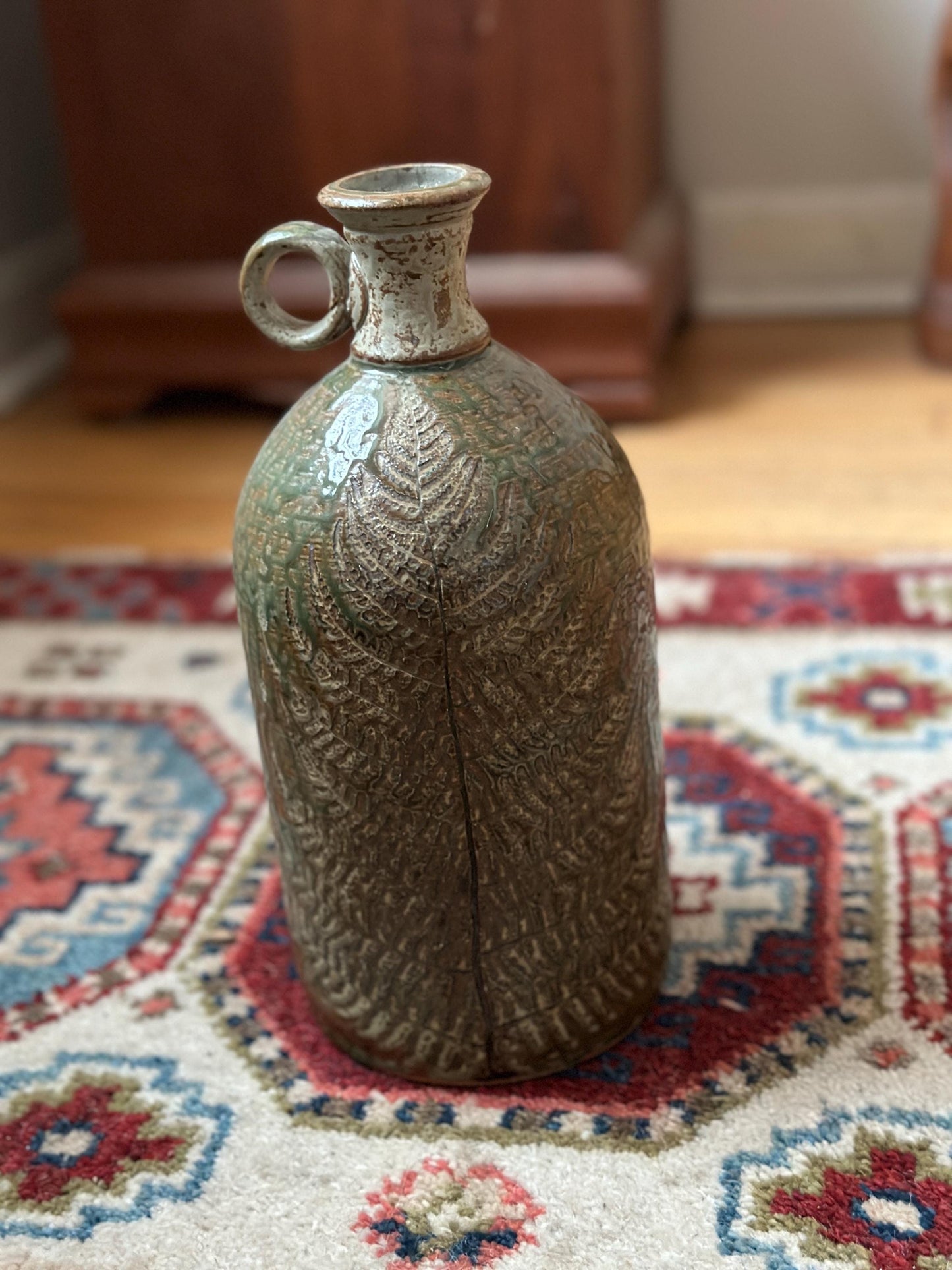 Hand-Thrown Studio Art Pottery Jug, Fern Motif, Signed & Dated