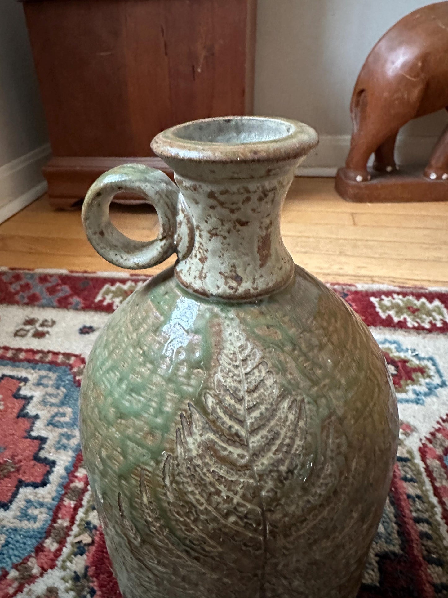 Hand-Thrown Studio Art Pottery Jug, Fern Motif, Signed & Dated