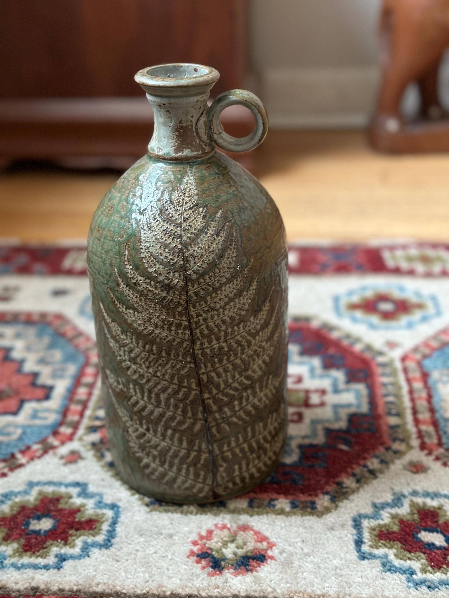 Hand-Thrown Studio Art Pottery Jug, Fern Motif, Signed & Dated