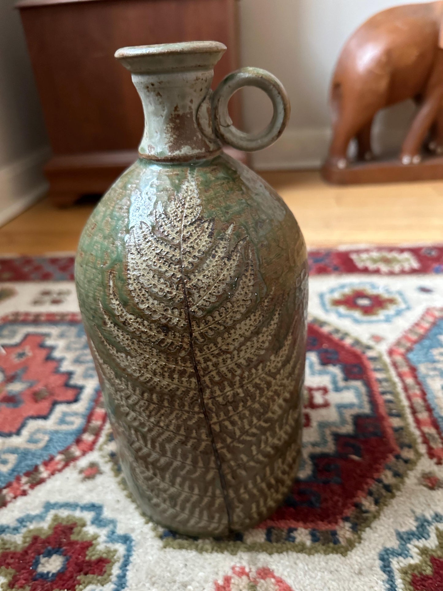 Hand-Thrown Studio Art Pottery Jug, Fern Motif, Signed & Dated