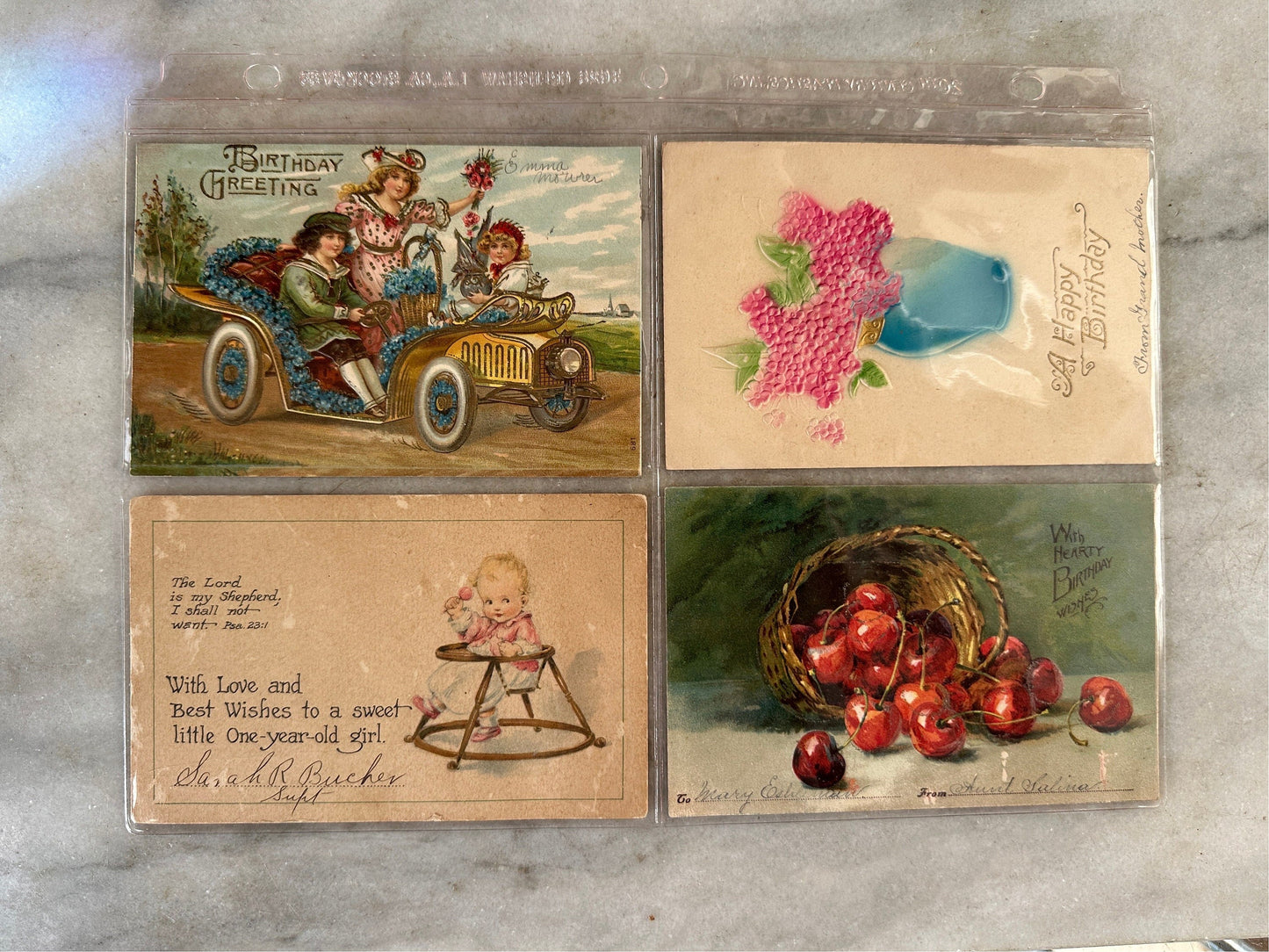 Antique 1910's Birthday / Greetings Embossed Postcards Lot 4 Flowers ~ Edwardian Era Printed in Germany Floral Landscape Post Cards