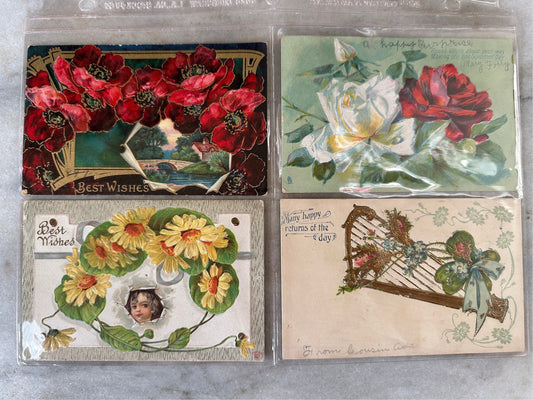 Antique 1910's Birthday / Greetings Embossed Postcards Lot 4 Flowers ~ Edwardian Era Printed in Germany Floral Landscape Post Cards