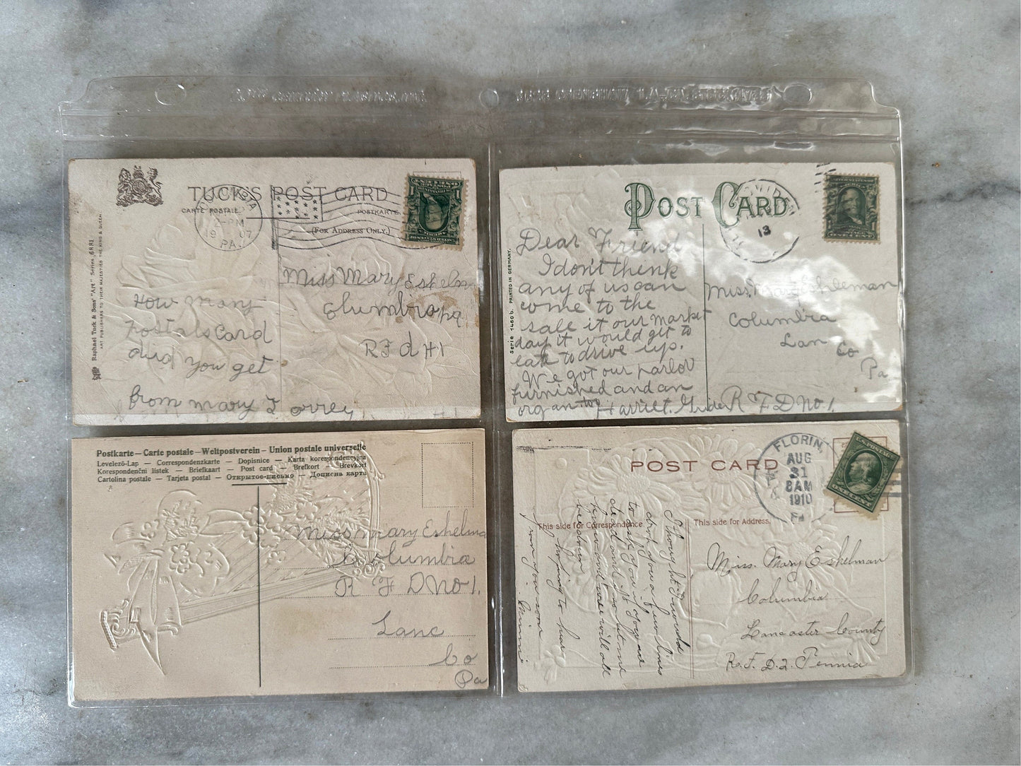 Antique 1910's Birthday / Greetings Embossed Postcards Lot 4 Flowers ~ Edwardian Era Printed in Germany Floral Landscape Post Cards