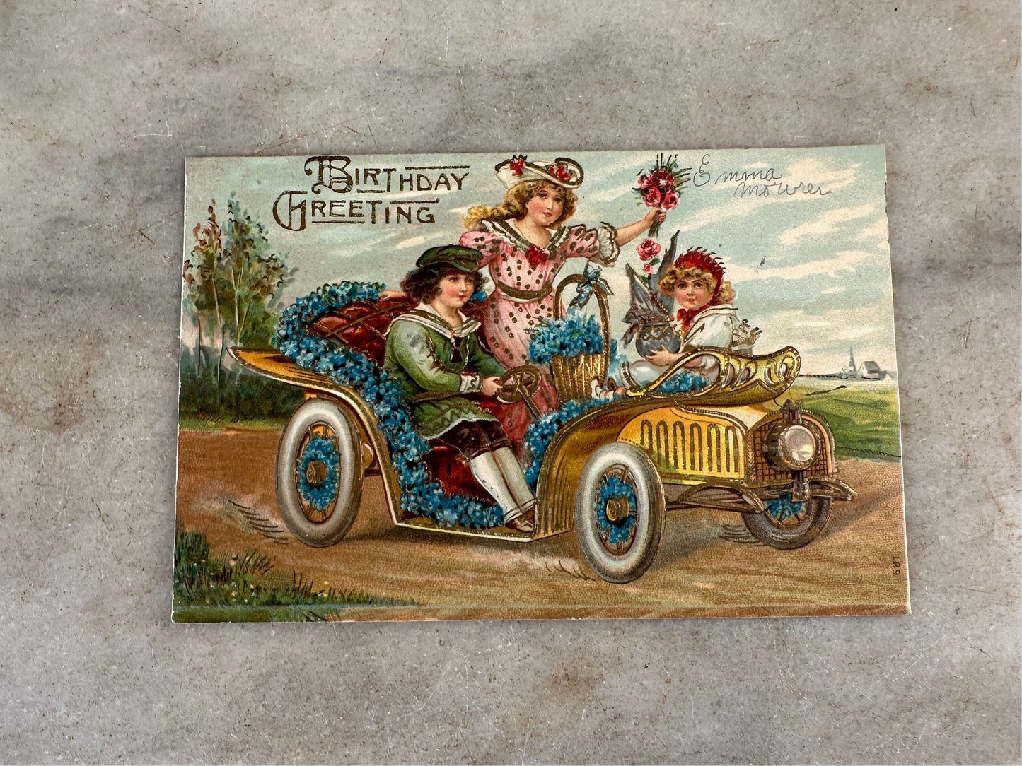 Antique 1910's Birthday / Greetings Embossed Postcards Lot 4 Flowers ~ Edwardian Era Printed in Germany Floral Landscape Post Cards