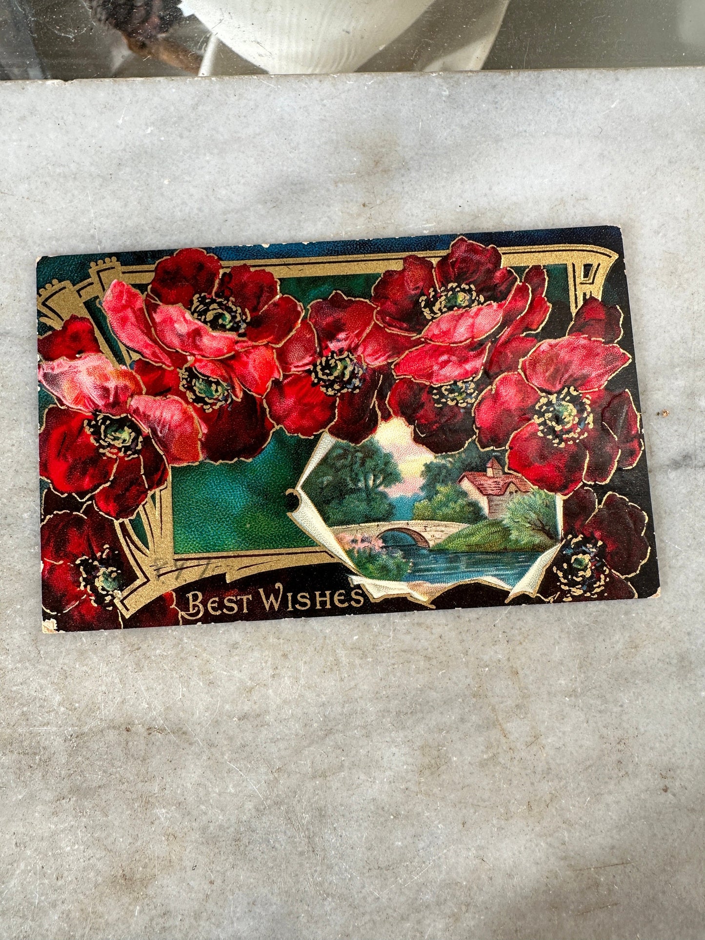 Antique 1910's Birthday / Greetings Embossed Postcards Lot 4 Flowers ~ Edwardian Era Printed in Germany Floral Landscape Post Cards