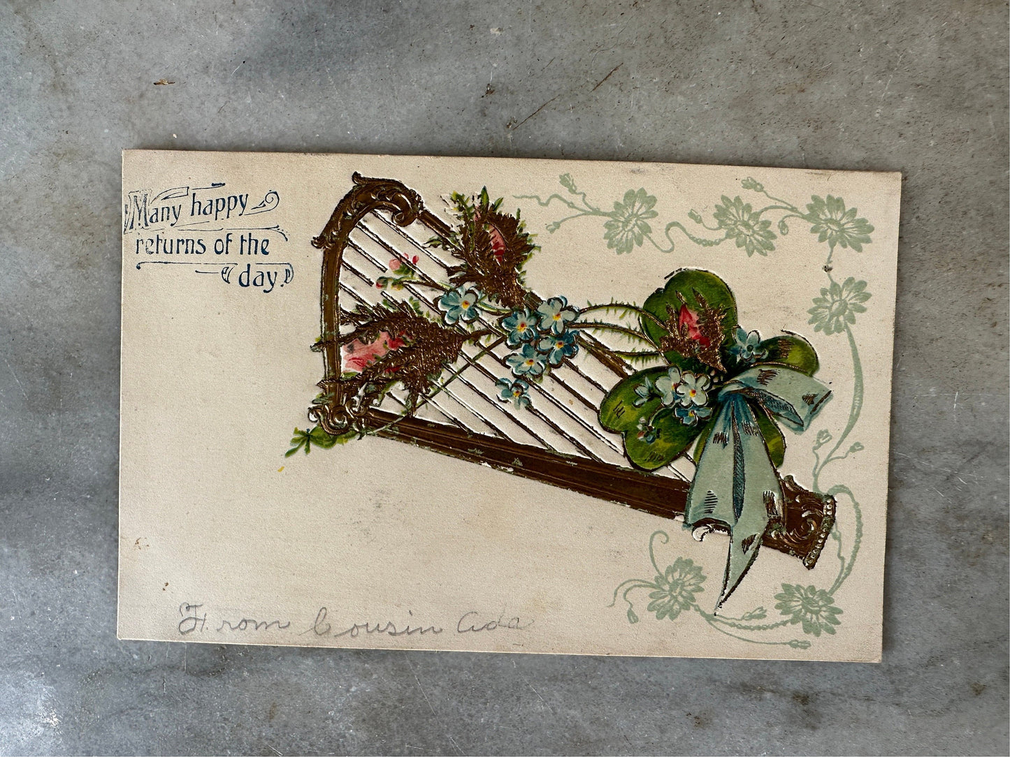 Antique 1910's Birthday / Greetings Embossed Postcards Lot 4 Flowers ~ Edwardian Era Printed in Germany Floral Landscape Post Cards