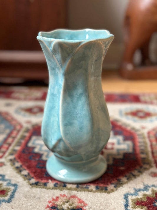 Vintage Blue Drip Glaze Pottery Vase | USA 696, Leaf Design