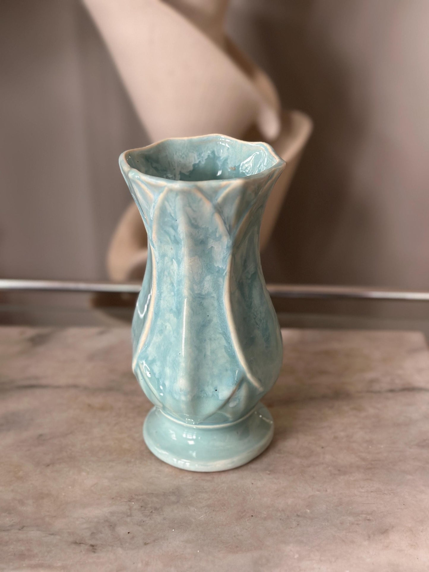 Vintage Blue Drip Glaze Pottery Vase | USA 696, Leaf Design