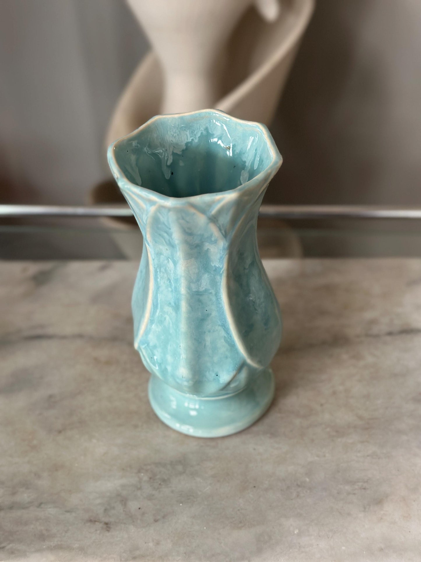 Vintage Blue Drip Glaze Pottery Vase | USA 696, Leaf Design