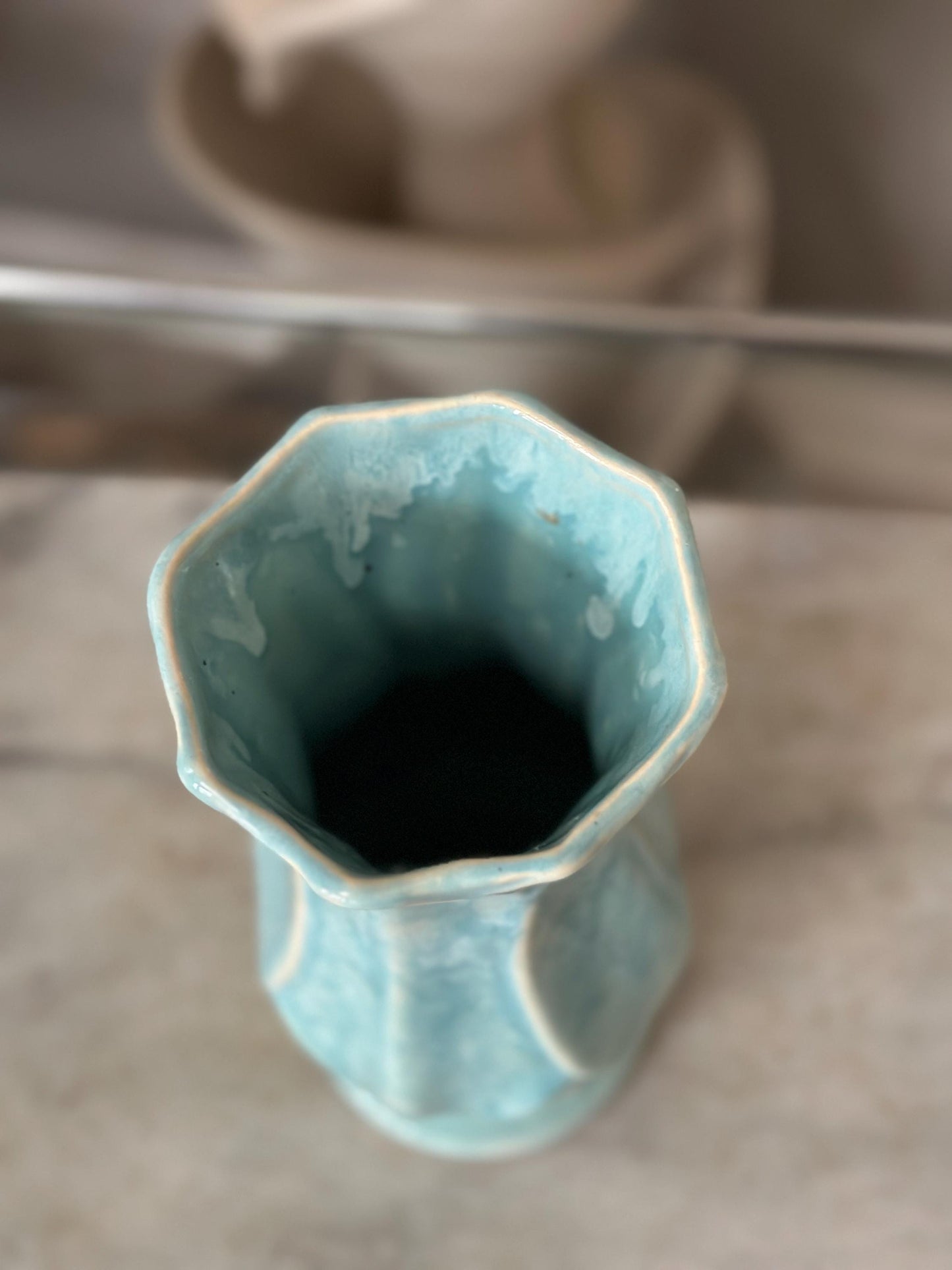 Vintage Blue Drip Glaze Pottery Vase | USA 696, Leaf Design
