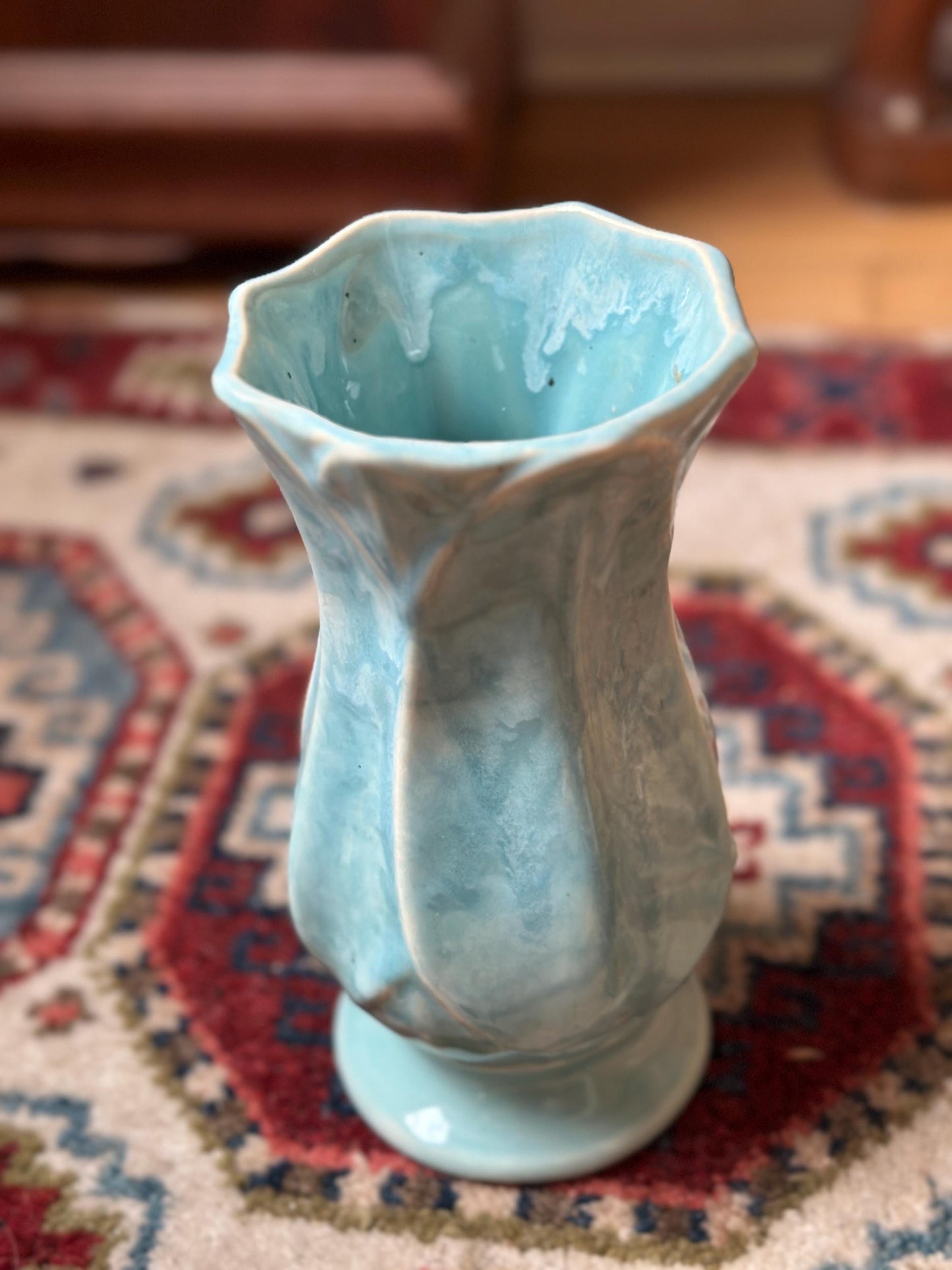 Vintage Blue Drip Glaze Pottery Vase | USA 696, Leaf Design