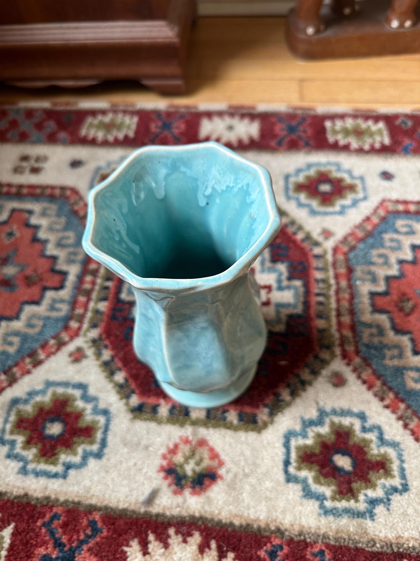 Vintage Blue Drip Glaze Pottery Vase | USA 696, Leaf Design