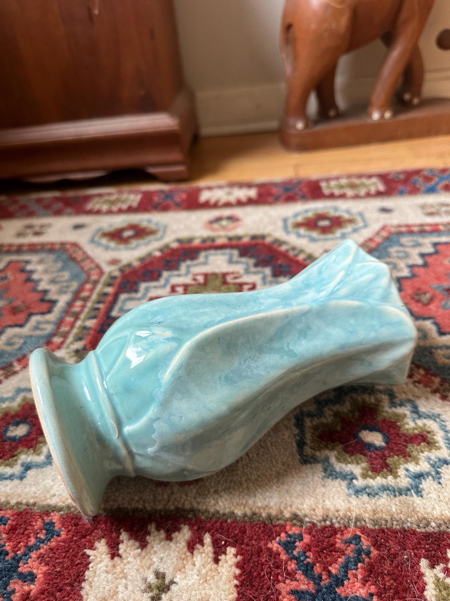 Vintage Blue Drip Glaze Pottery Vase | USA 696, Leaf Design