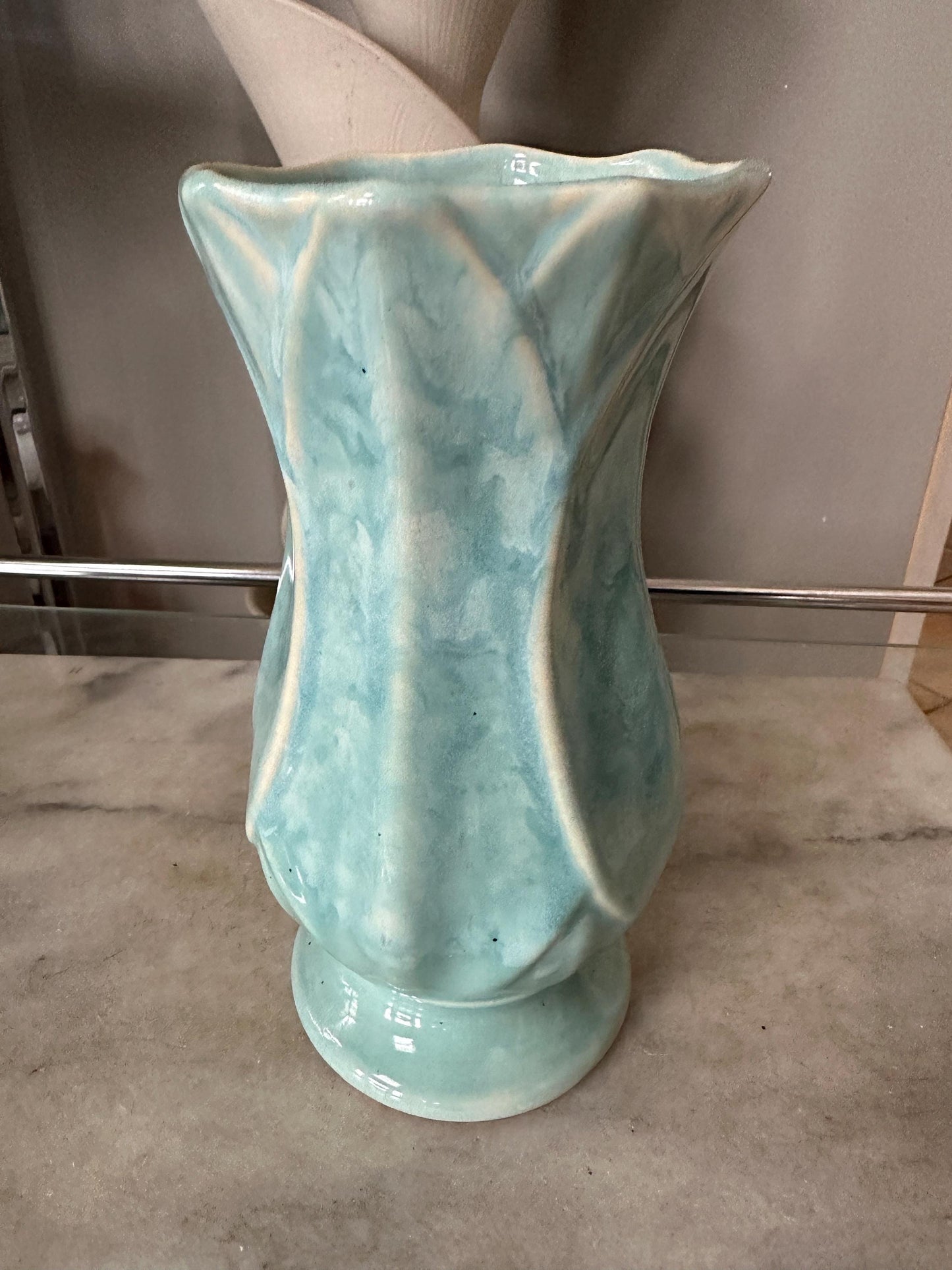 Vintage Blue Drip Glaze Pottery Vase | USA 696, Leaf Design