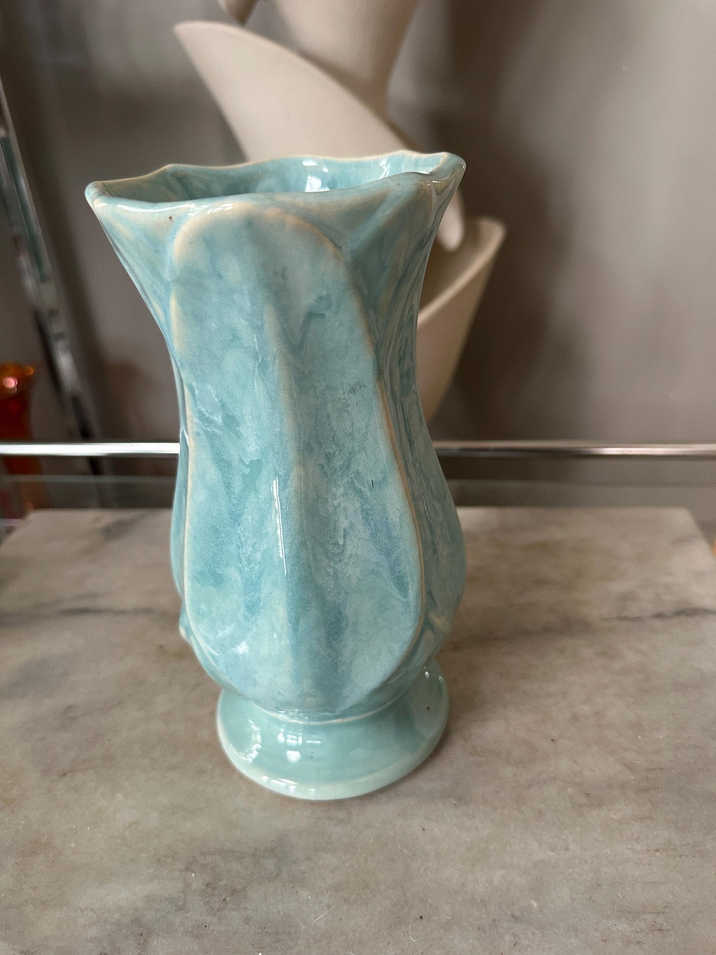 Vintage Blue Drip Glaze Pottery Vase | USA 696, Leaf Design