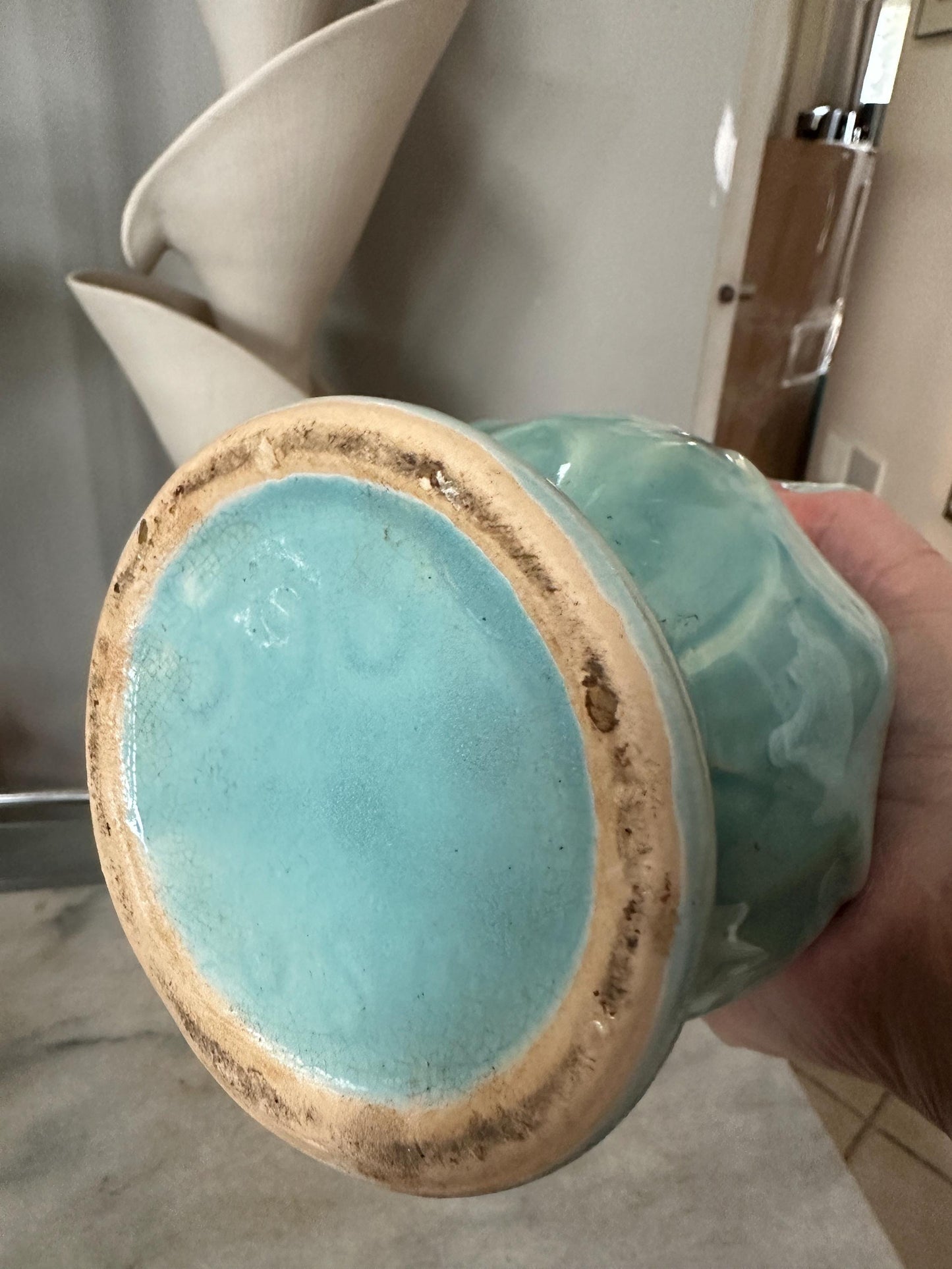 Vintage Blue Drip Glaze Pottery Vase | USA 696, Leaf Design