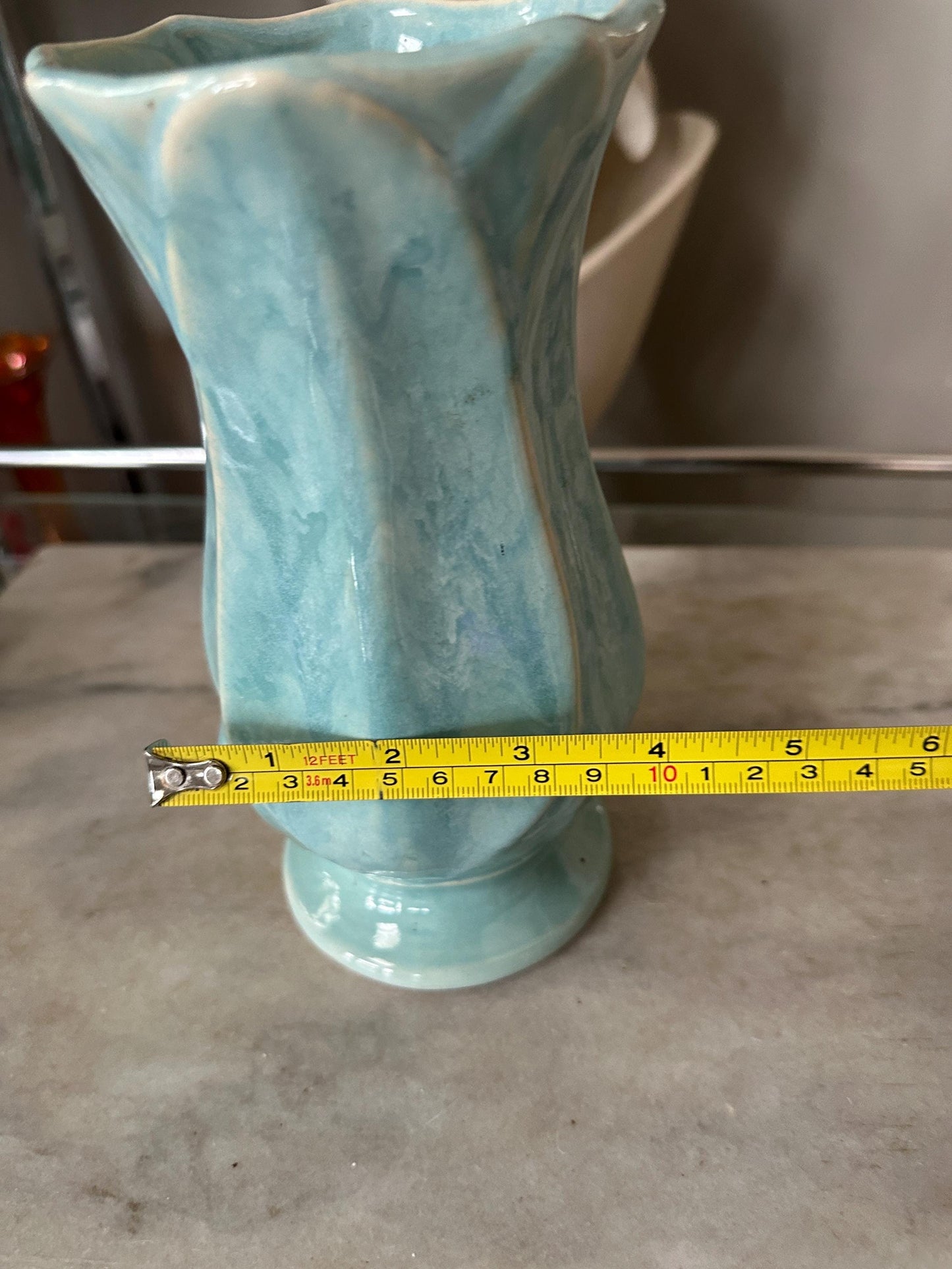 Vintage Blue Drip Glaze Pottery Vase | USA 696, Leaf Design