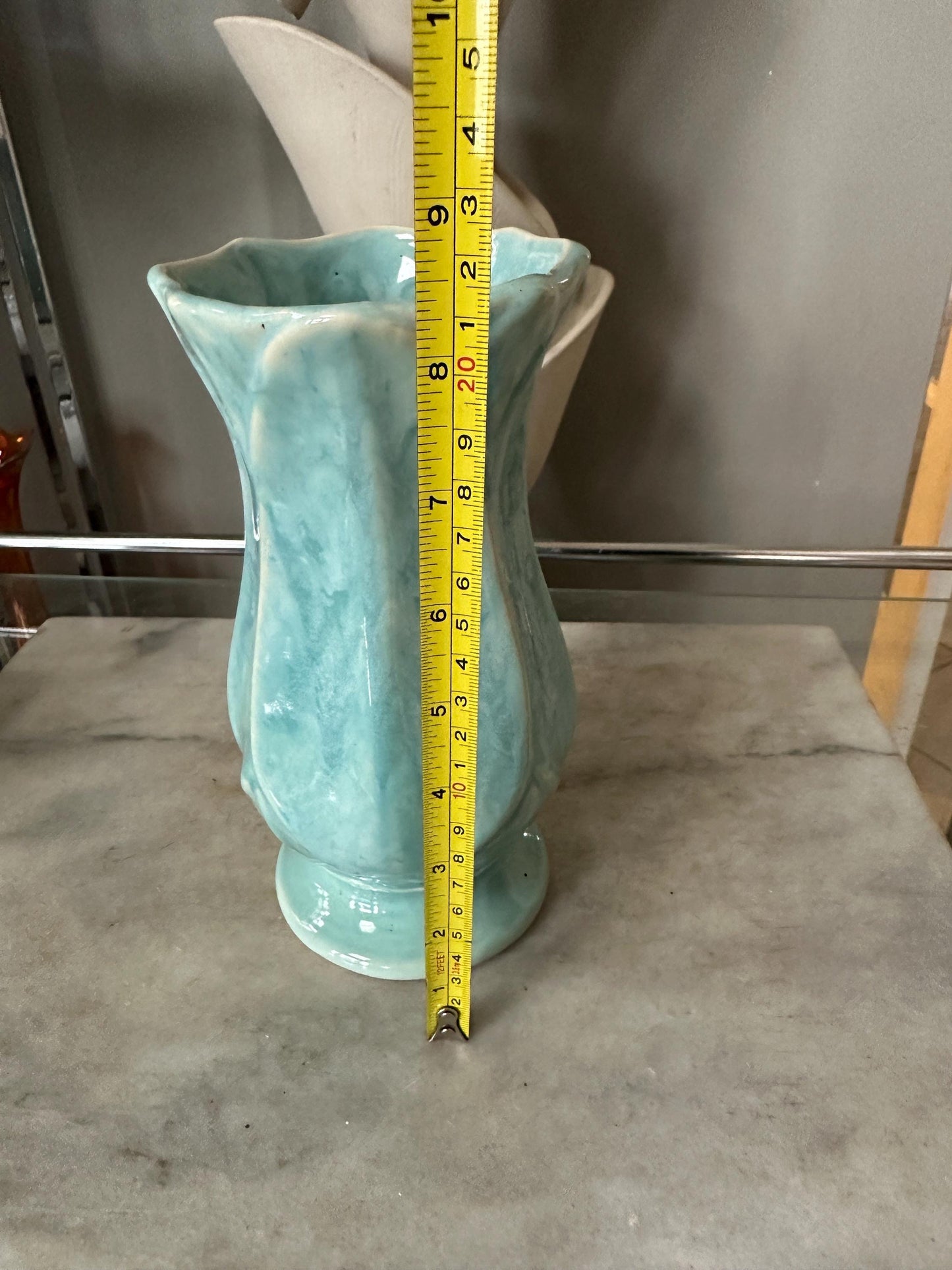 Vintage Blue Drip Glaze Pottery Vase | USA 696, Leaf Design