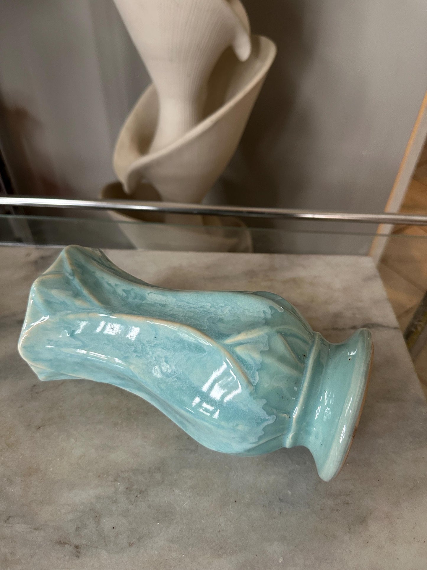 Vintage Blue Drip Glaze Pottery Vase | USA 696, Leaf Design