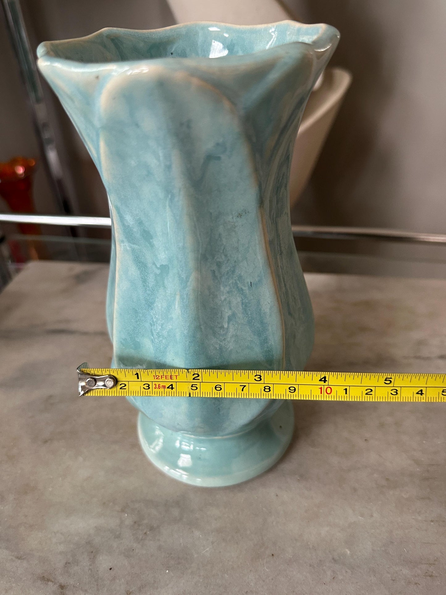 Vintage Blue Drip Glaze Pottery Vase | USA 696, Leaf Design