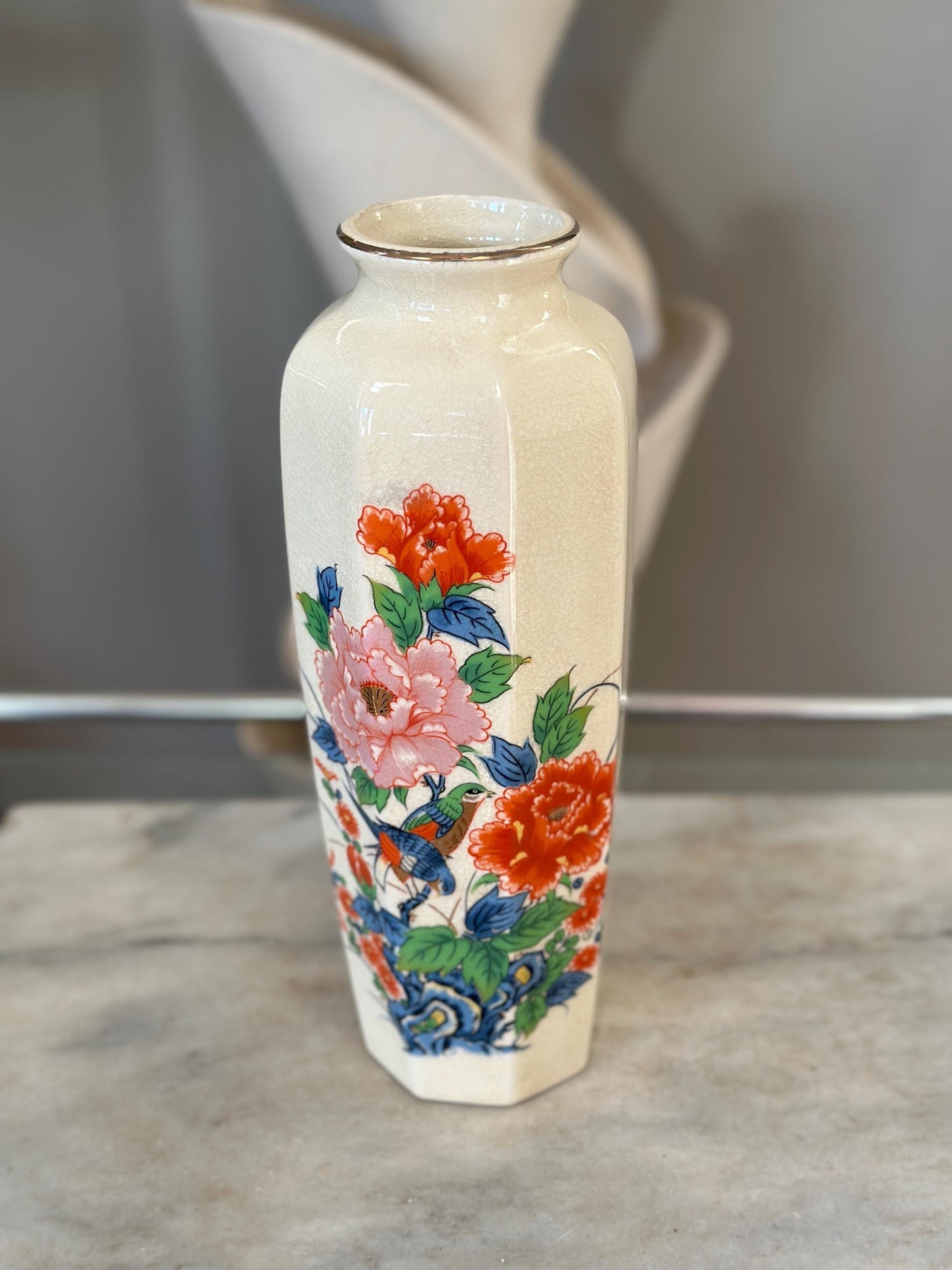 Octagon Shaped Japanese Floral Vase Vintage Flower Oriental Vase