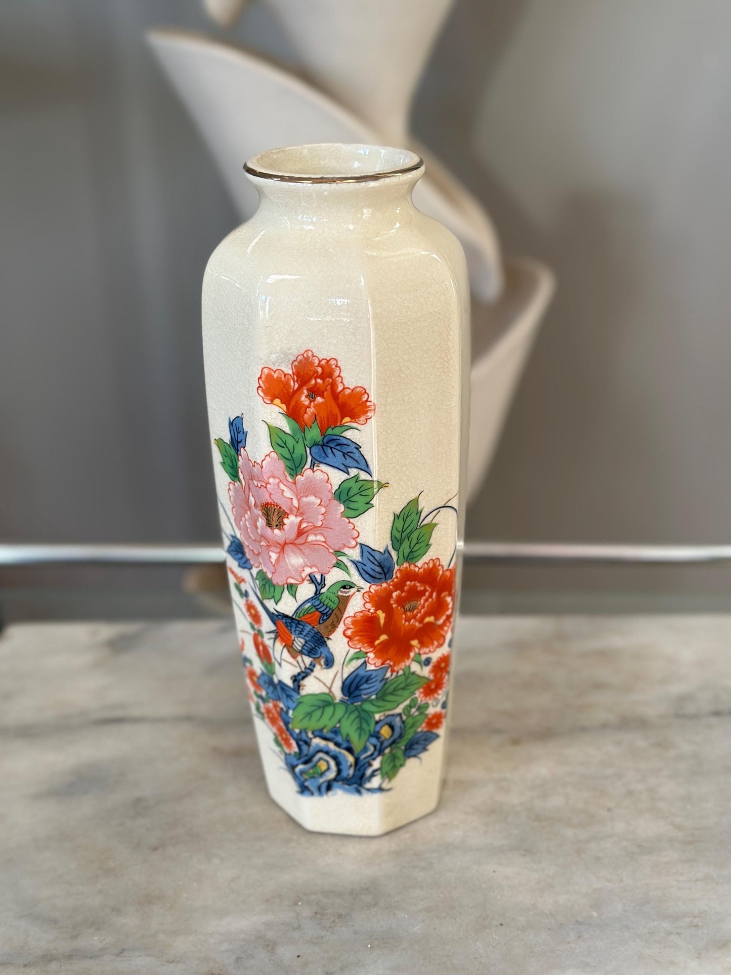 Octagon Shaped Japanese Floral Vase Vintage Flower Oriental Vase