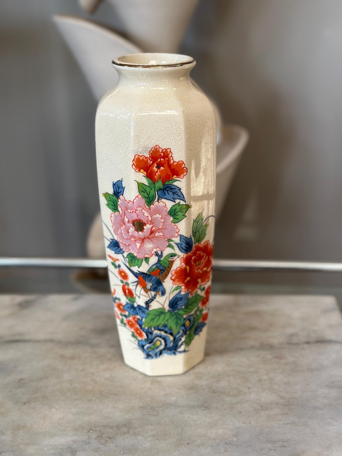 Octagon Shaped Japanese Floral Vase Vintage Flower Oriental Vase