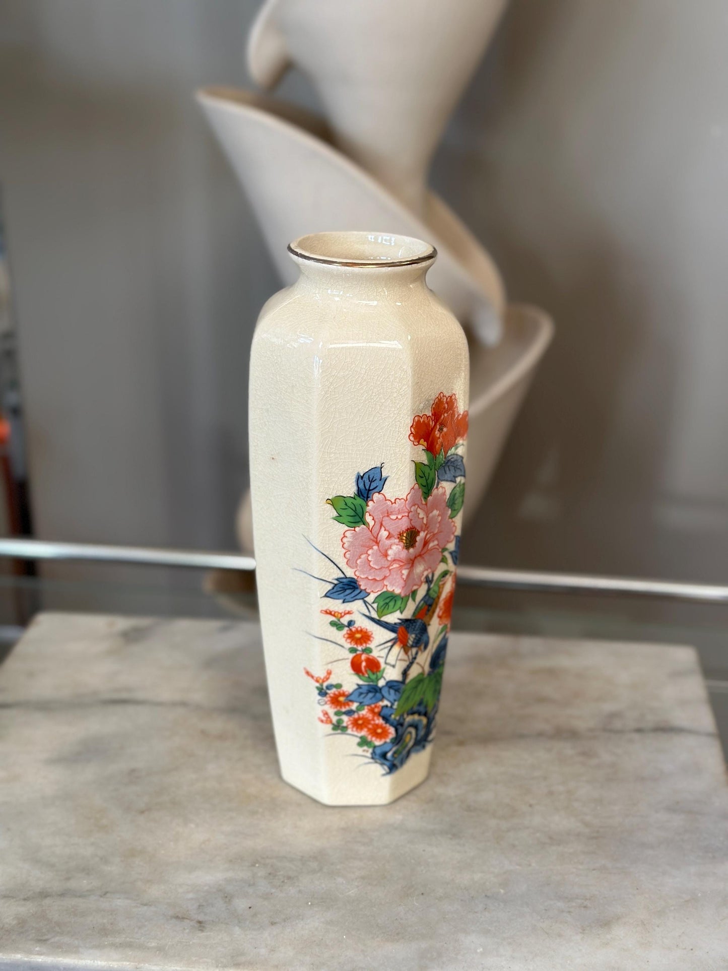 Octagon Shaped Japanese Floral Vase Vintage Flower Oriental Vase