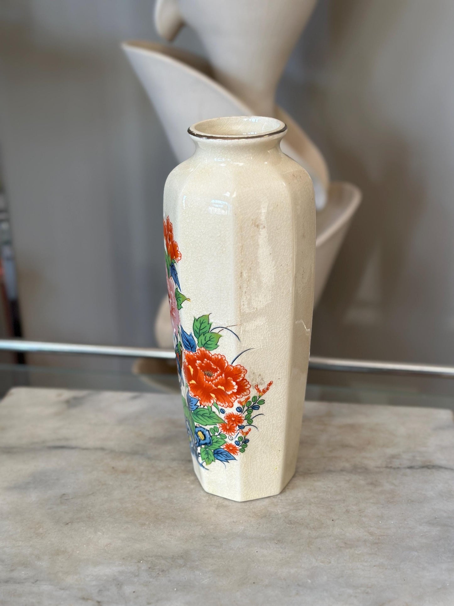 Octagon Shaped Japanese Floral Vase Vintage Flower Oriental Vase