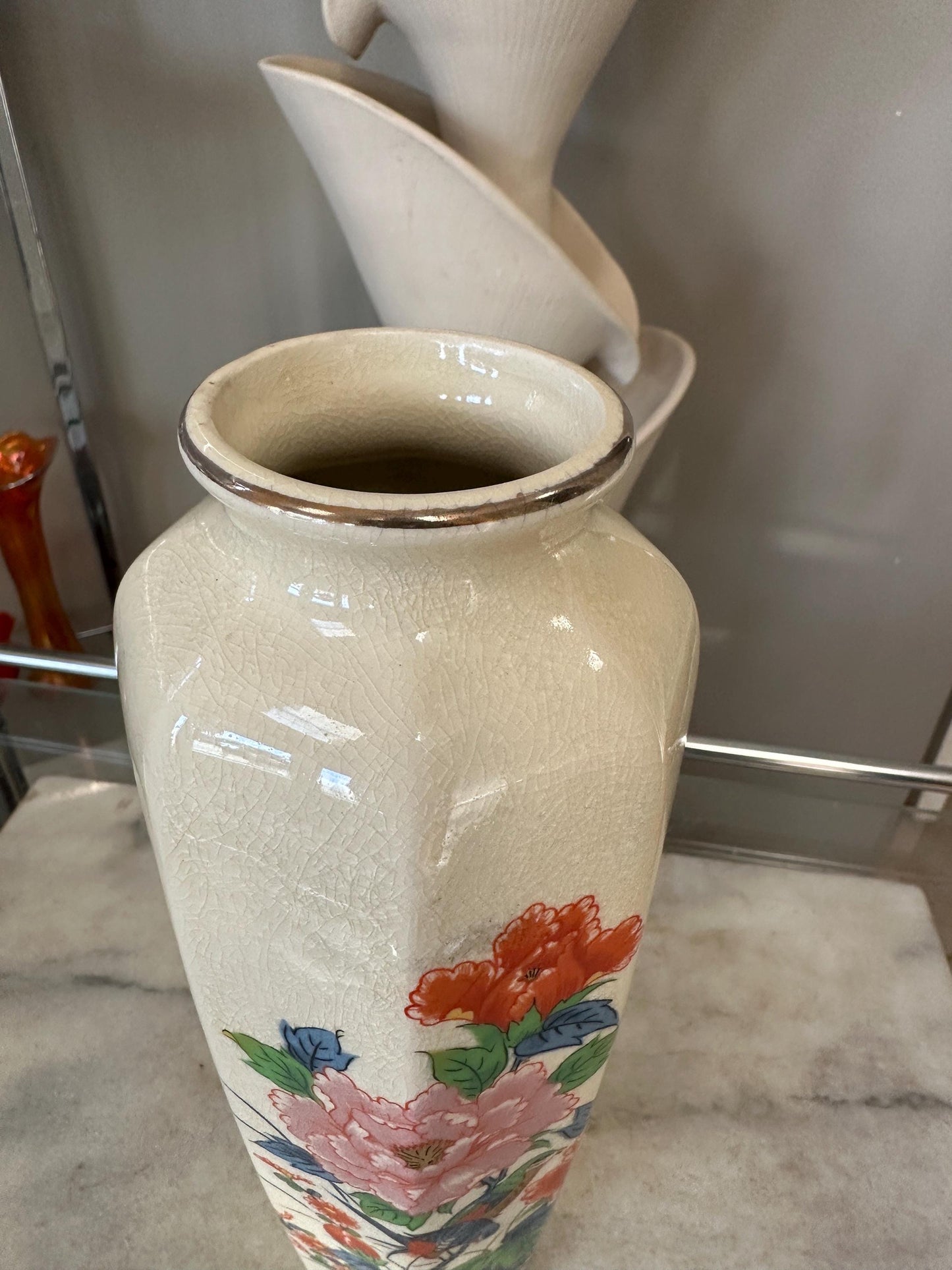 Octagon Shaped Japanese Floral Vase Vintage Flower Oriental Vase