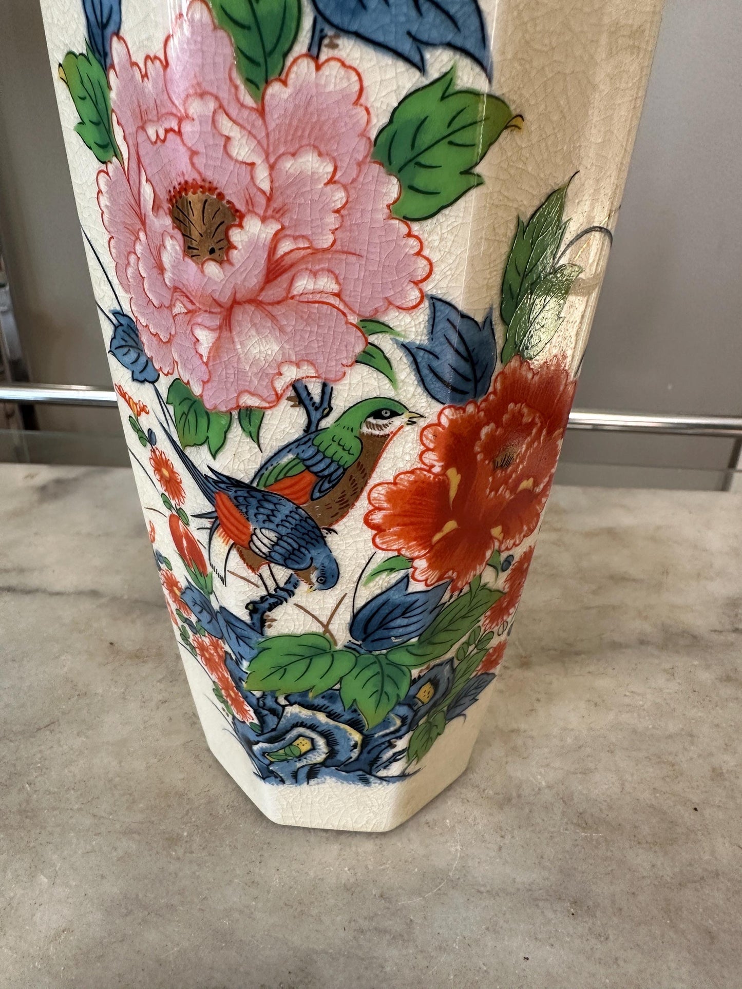 Octagon Shaped Japanese Floral Vase Vintage Flower Oriental Vase
