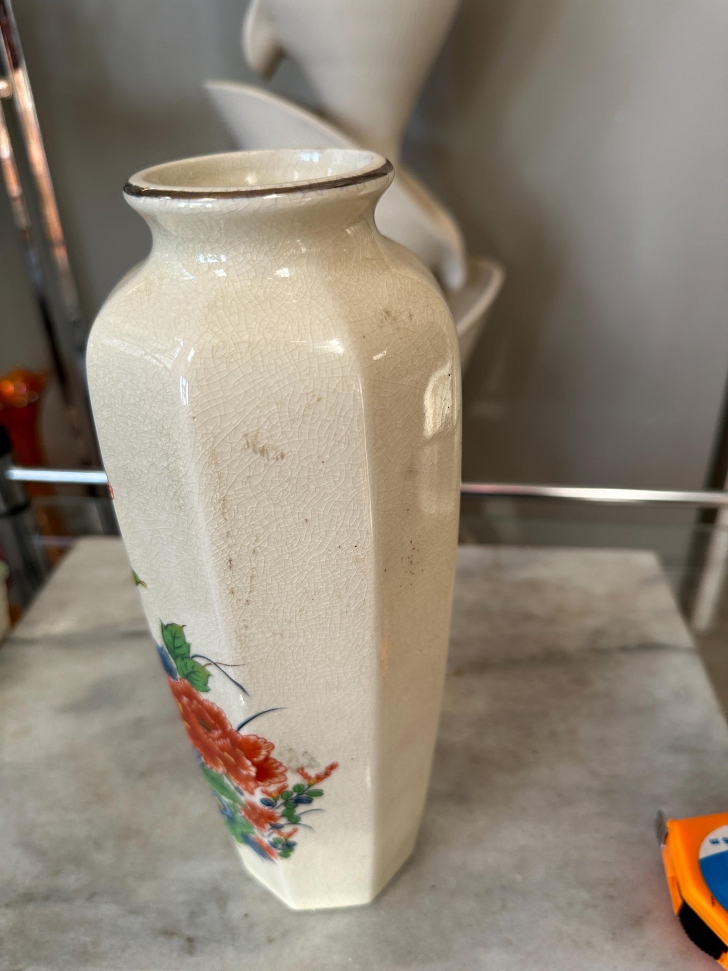 Octagon Shaped Japanese Floral Vase Vintage Flower Oriental Vase