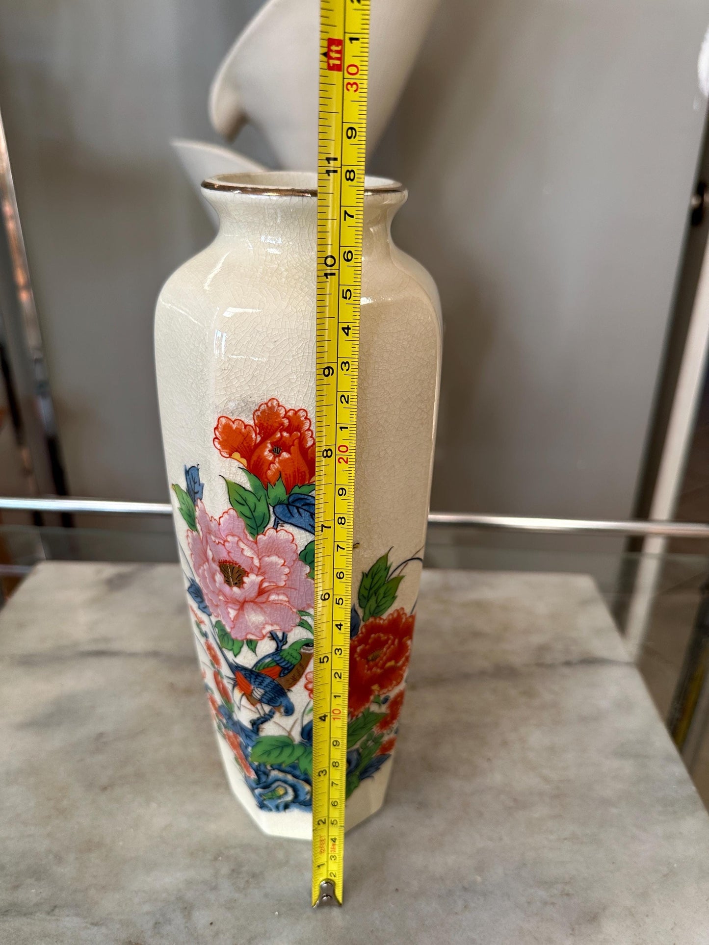 Octagon Shaped Japanese Floral Vase Vintage Flower Oriental Vase