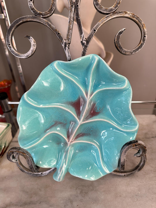Mid-Century Modern Turquoise Leaf Trinket Dish | Vintage Ceramic Jewelry Dish | Atomic Era Home Decor | 7.25” x 8.5”