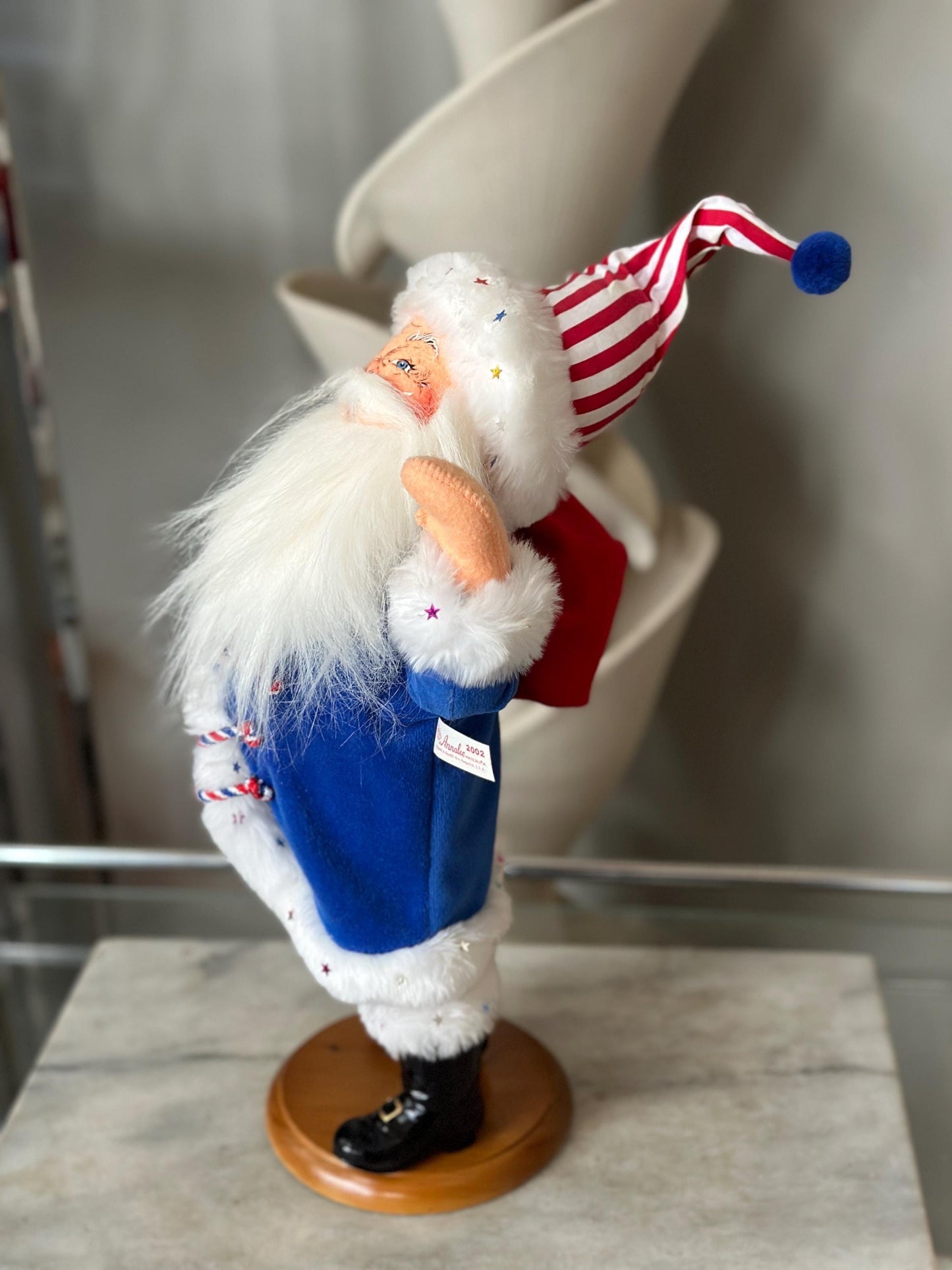 Vintage Patriotic Uncle Sam Anna Lee Doll – 18” with Wooden Stand