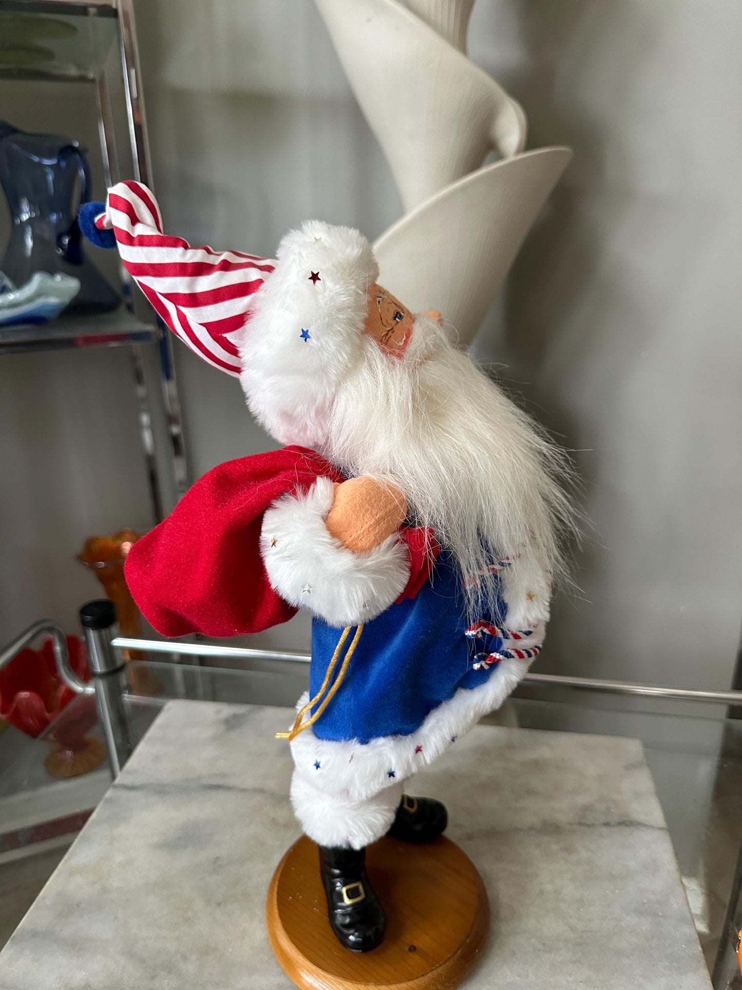 Vintage Patriotic Uncle Sam Anna Lee Doll – 18” with Wooden Stand
