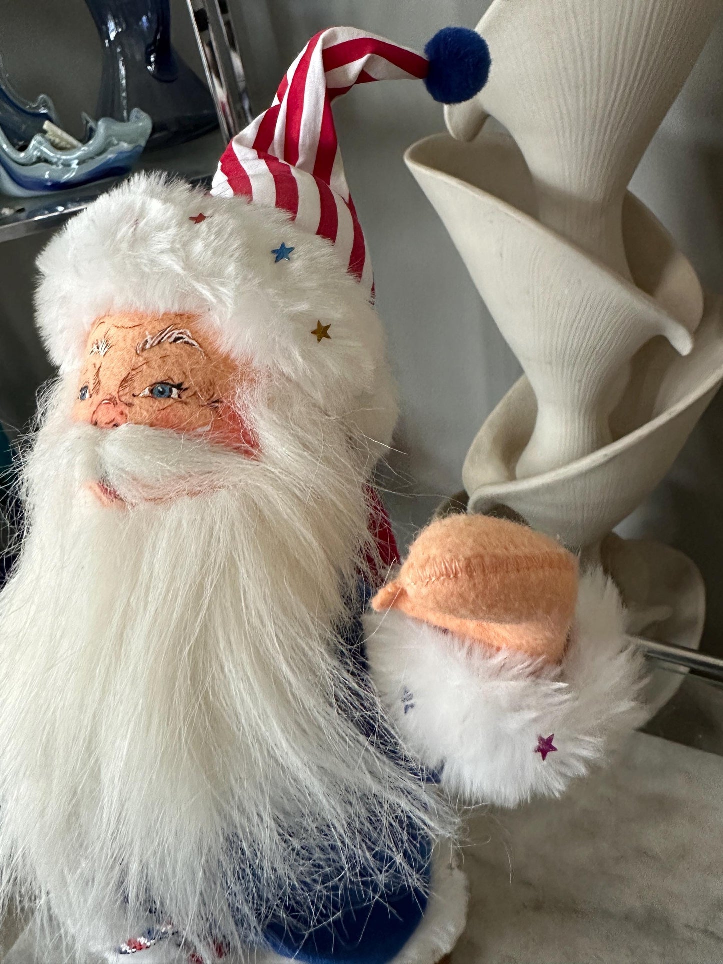 Vintage Patriotic Uncle Sam Anna Lee Doll – 18” with Wooden Stand