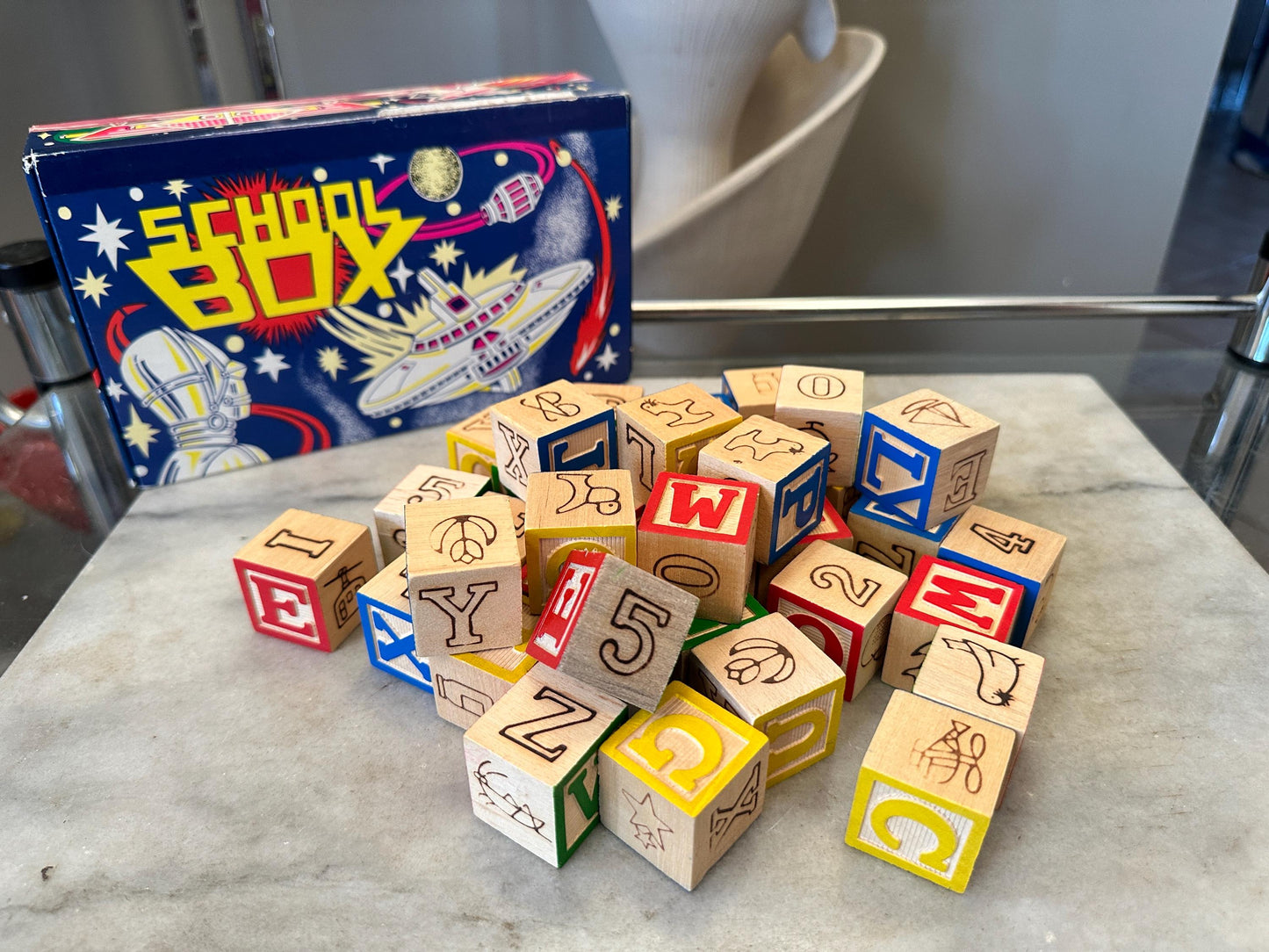 Vintage Wood 1 Inch Letter Blocks (Set of 34) in Vintage Space School Box
