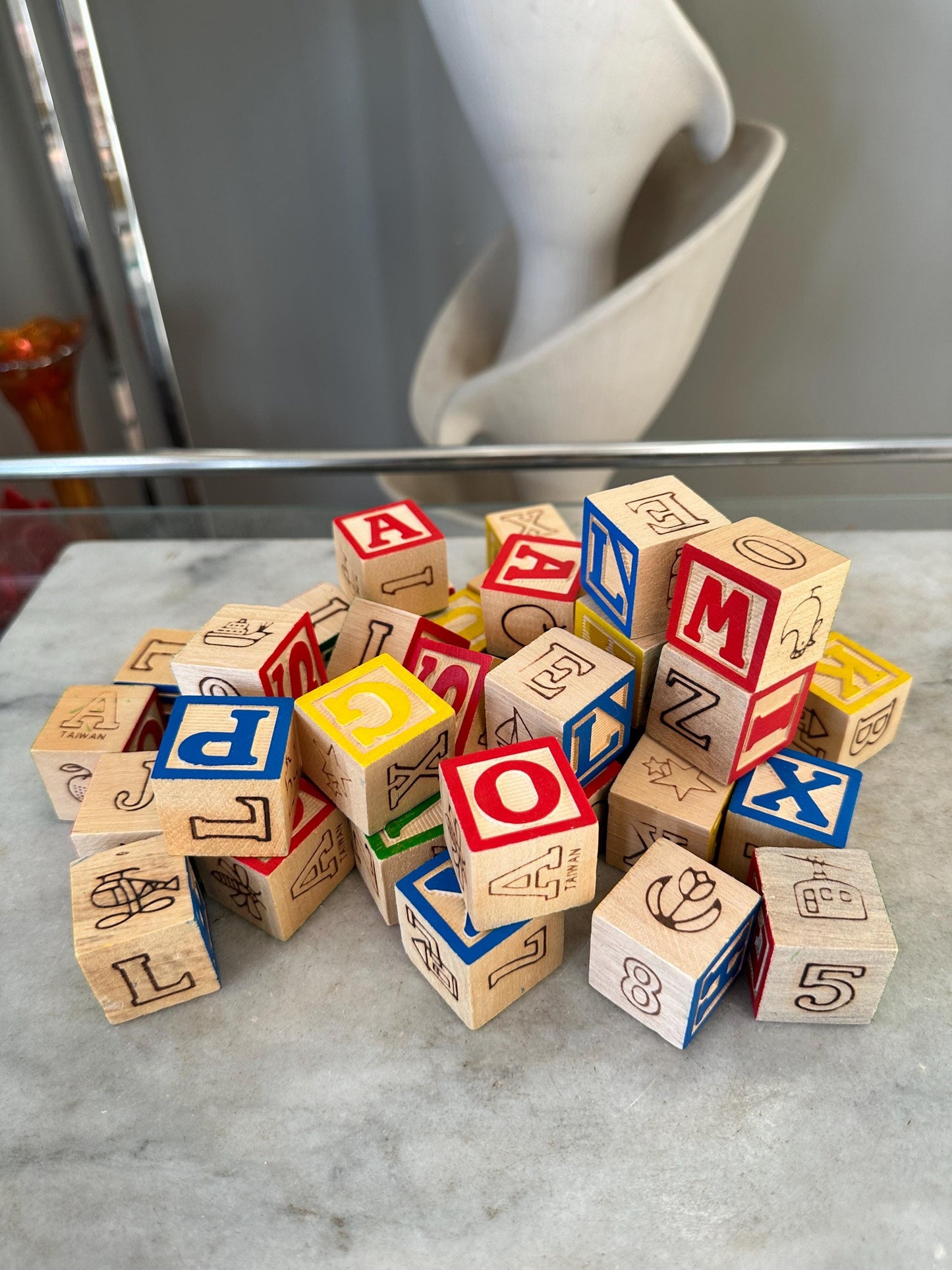 Vintage Wood 1 Inch Letter Blocks (Set of 34) in Vintage Space School Box