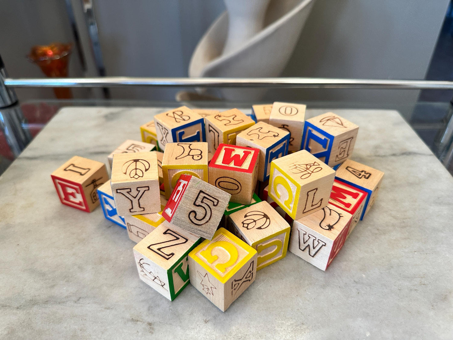 Vintage Wood 1 Inch Letter Blocks (Set of 34) in Vintage Space School Box