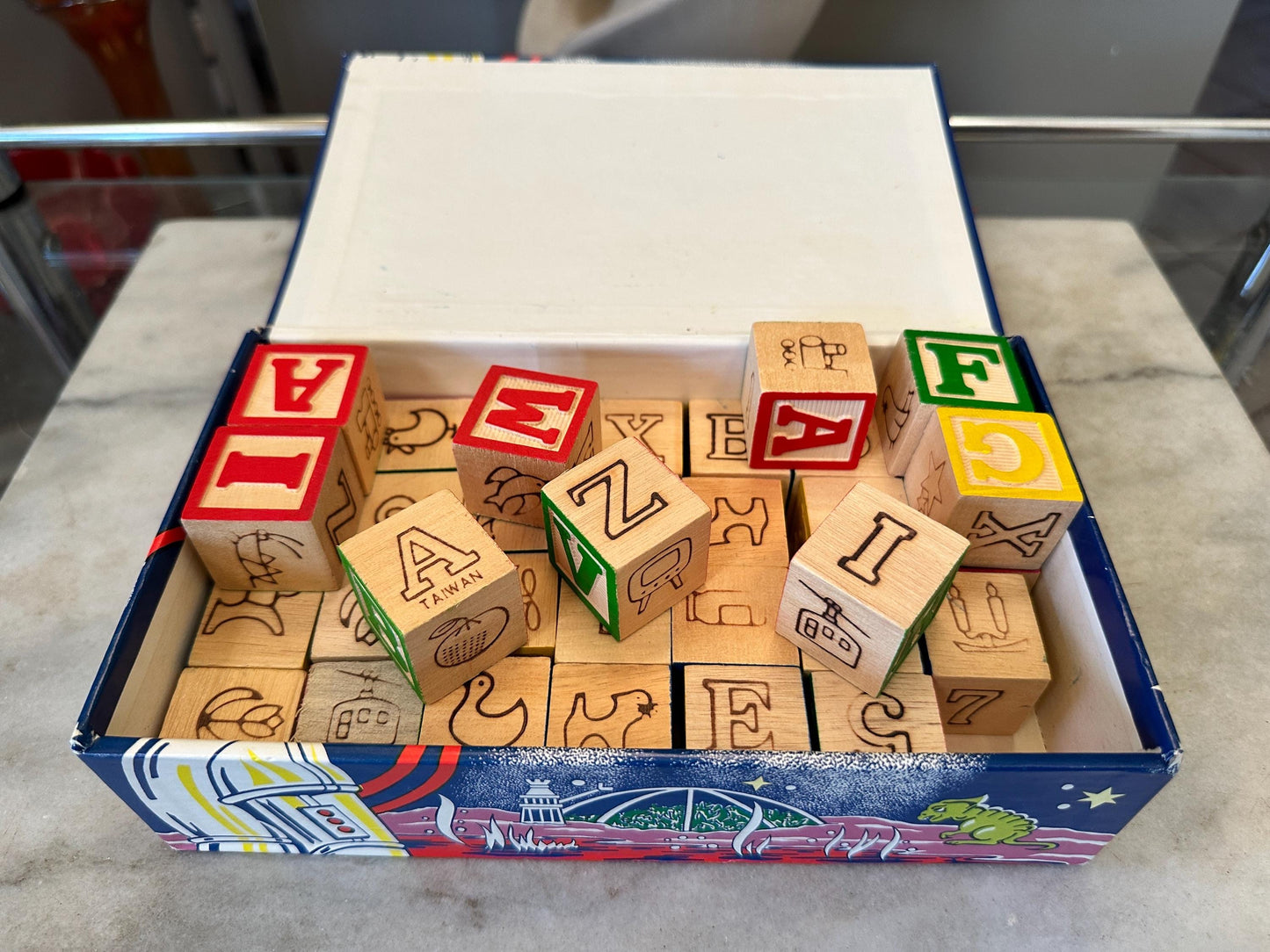 Vintage Wood 1 Inch Letter Blocks (Set of 34) in Vintage Space School Box