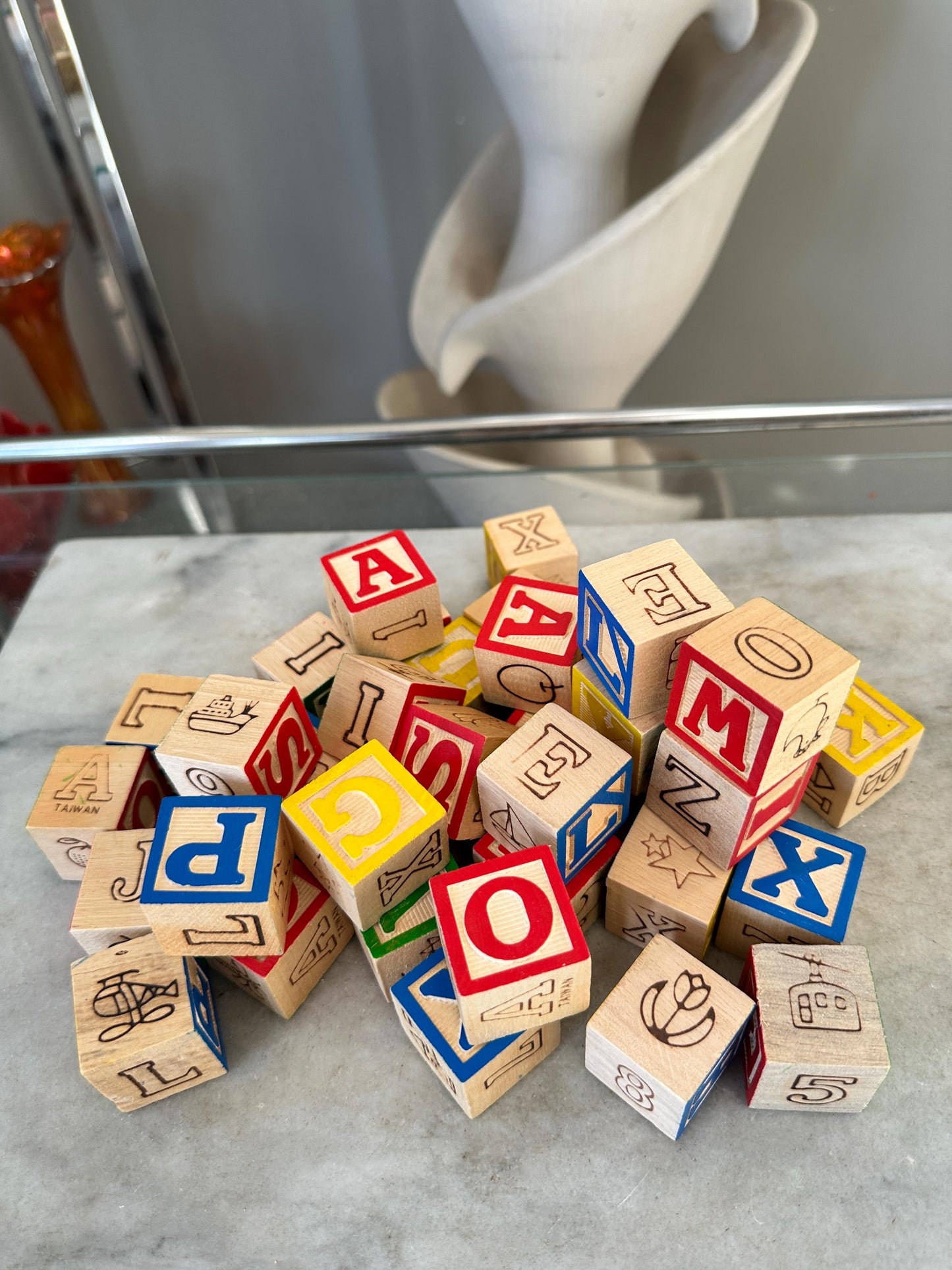 Vintage Wood 1 Inch Letter Blocks (Set of 34) in Vintage Space School Box