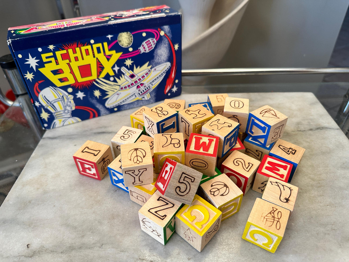 Vintage Wood 1 Inch Letter Blocks (Set of 34) in Vintage Space School Box