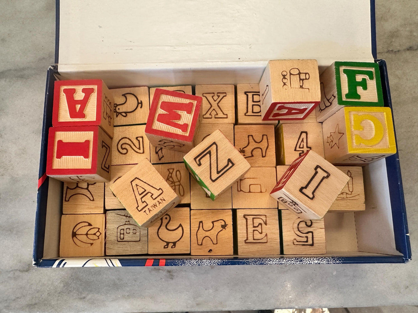Vintage Wood 1 Inch Letter Blocks (Set of 34) in Vintage Space School Box