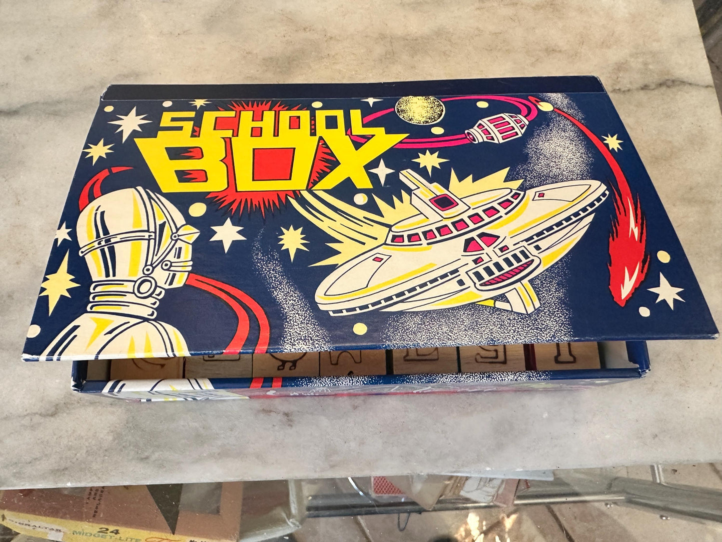 Vintage Wood 1 Inch Letter Blocks (Set of 34) in Vintage Space School Box