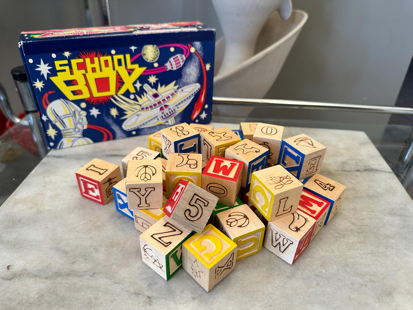 Vintage Wood 1 Inch Letter Blocks (Set of 34) in Vintage Space School Box