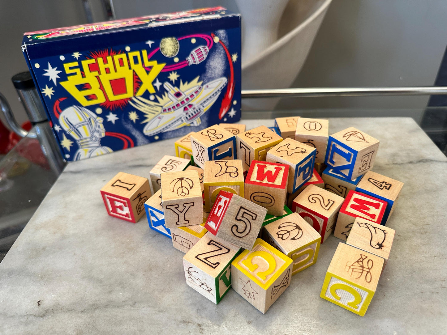 Vintage Wood 1 Inch Letter Blocks (Set of 34) in Vintage Space School Box