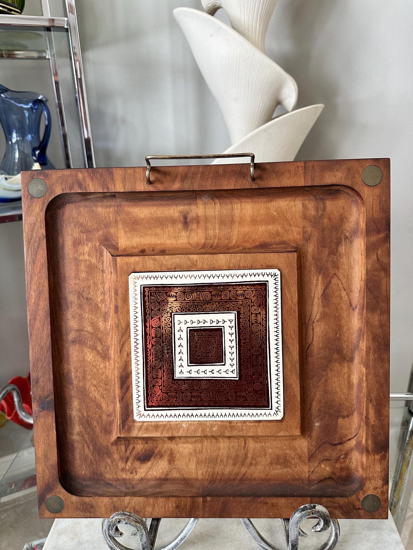 Vintage Midcentury Modern Ernest Sohn Walnut & Ceramic Cheese Board Serving Tray
